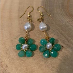 Handmade Chrysoprase and Pearl Flower Earrings